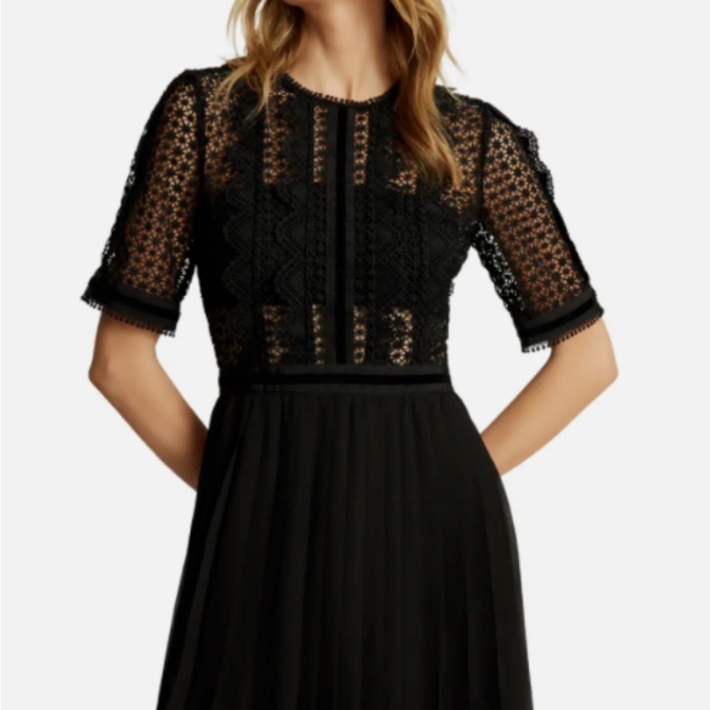 Reiss Black Lace Short-Sleeve Mini Dress